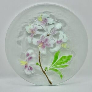 Fused Glass Plate, White and Pink Lilies, 10.5” in Diameter, Signed Travis